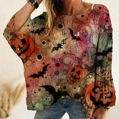 Halloween Themed Knit Pullover, Long Sleeve Soft Casual Fall Sweater for Women
