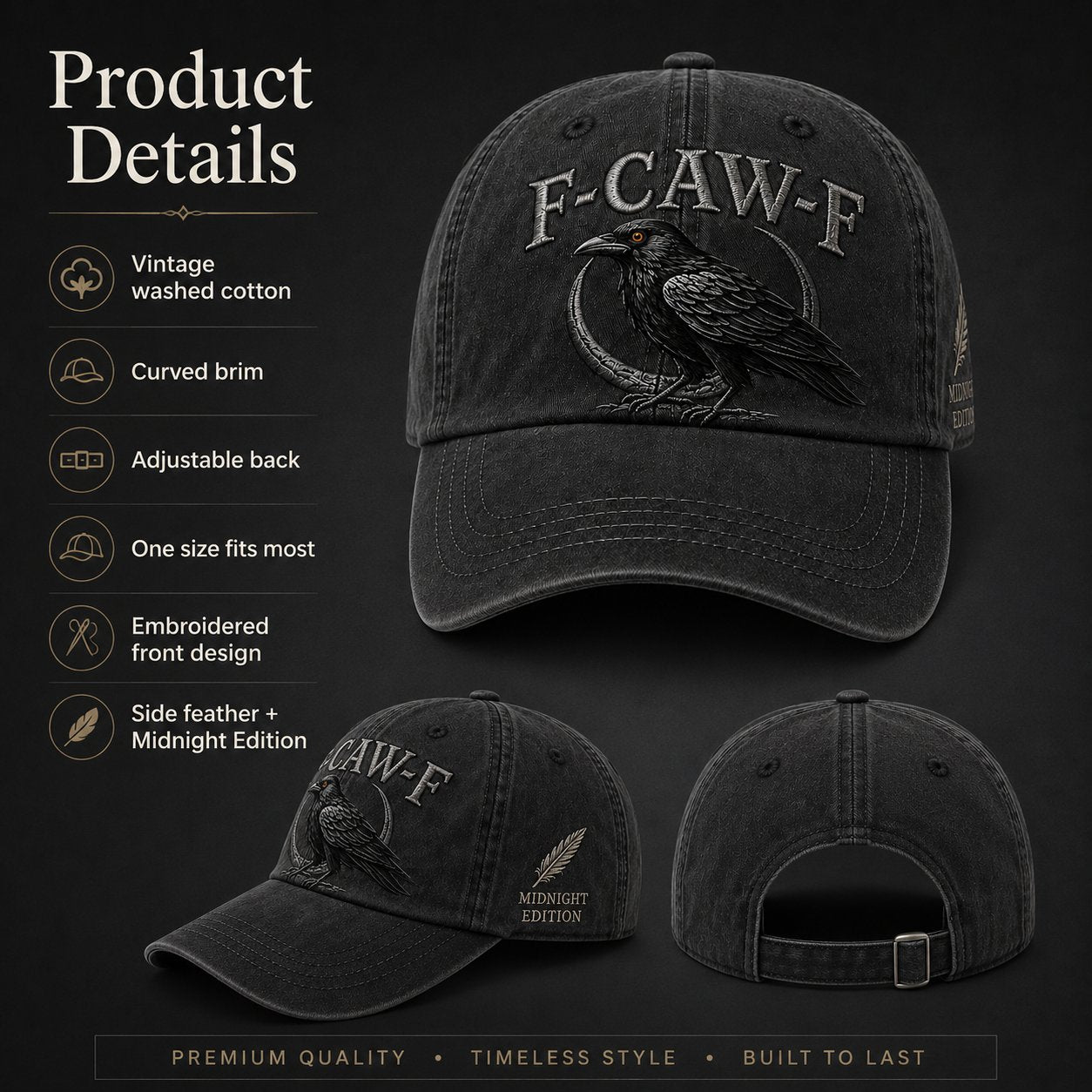 F-CAW-F Midnight Edition Raven Cap – Vintage Washed Embroidered Crow Hat