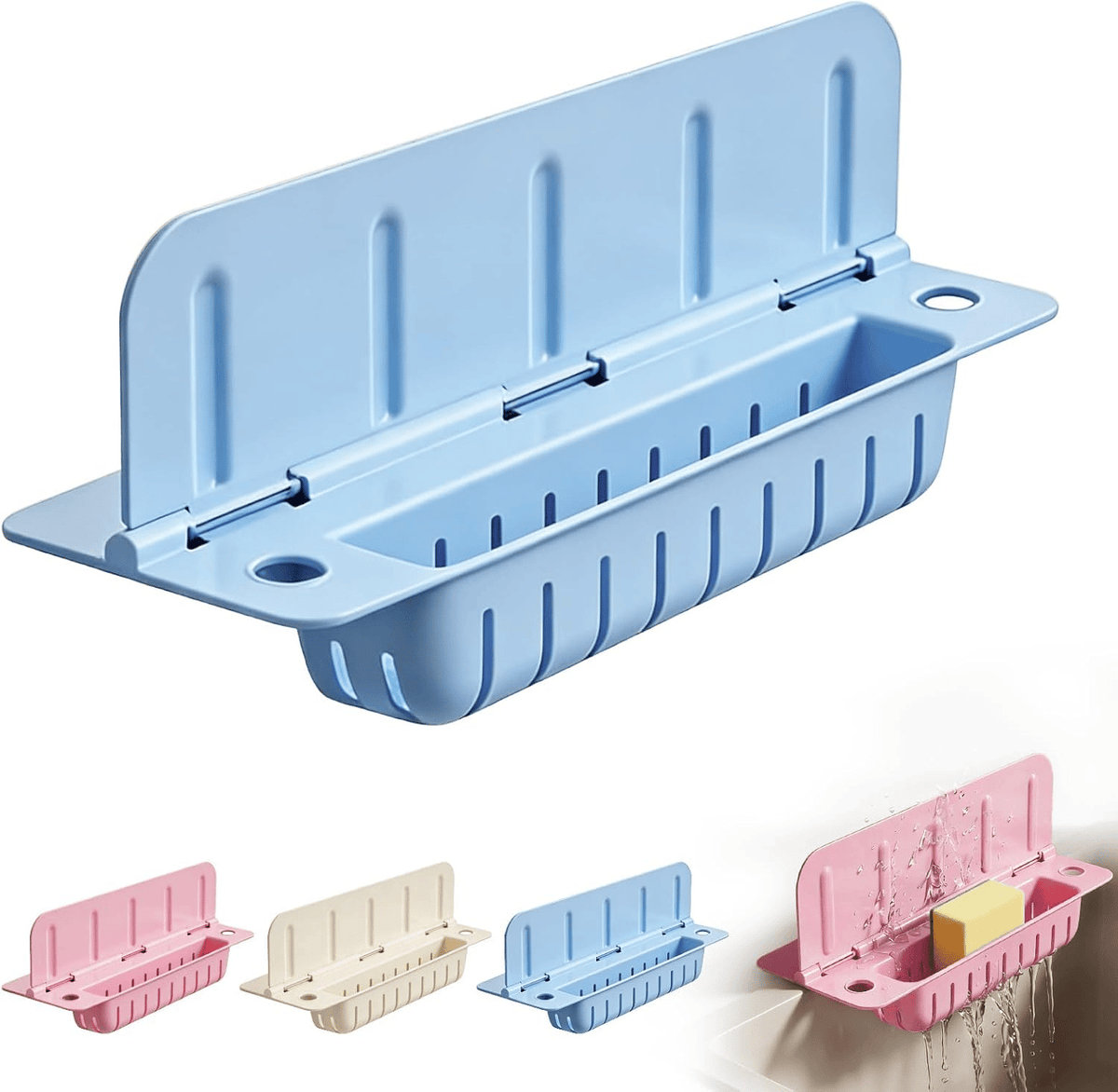 Foldable Kitchen Sink Splash Guard, ABS+TPE Water Splash Blocker with Suction Cups & Drainage Holes, Sponge Holder Design for Sink Edge