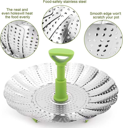 Vegetable Steamer Basket for Cooking Food,Folding Expandable Steaming Insert with Extendable Handle Fits Various Size Pot