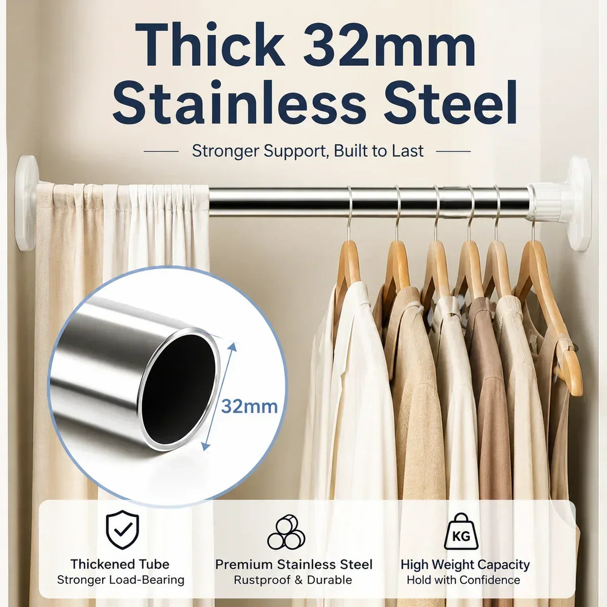 ✨Drill-Free Adjustable Tension Rod, No Damage Wall Mount