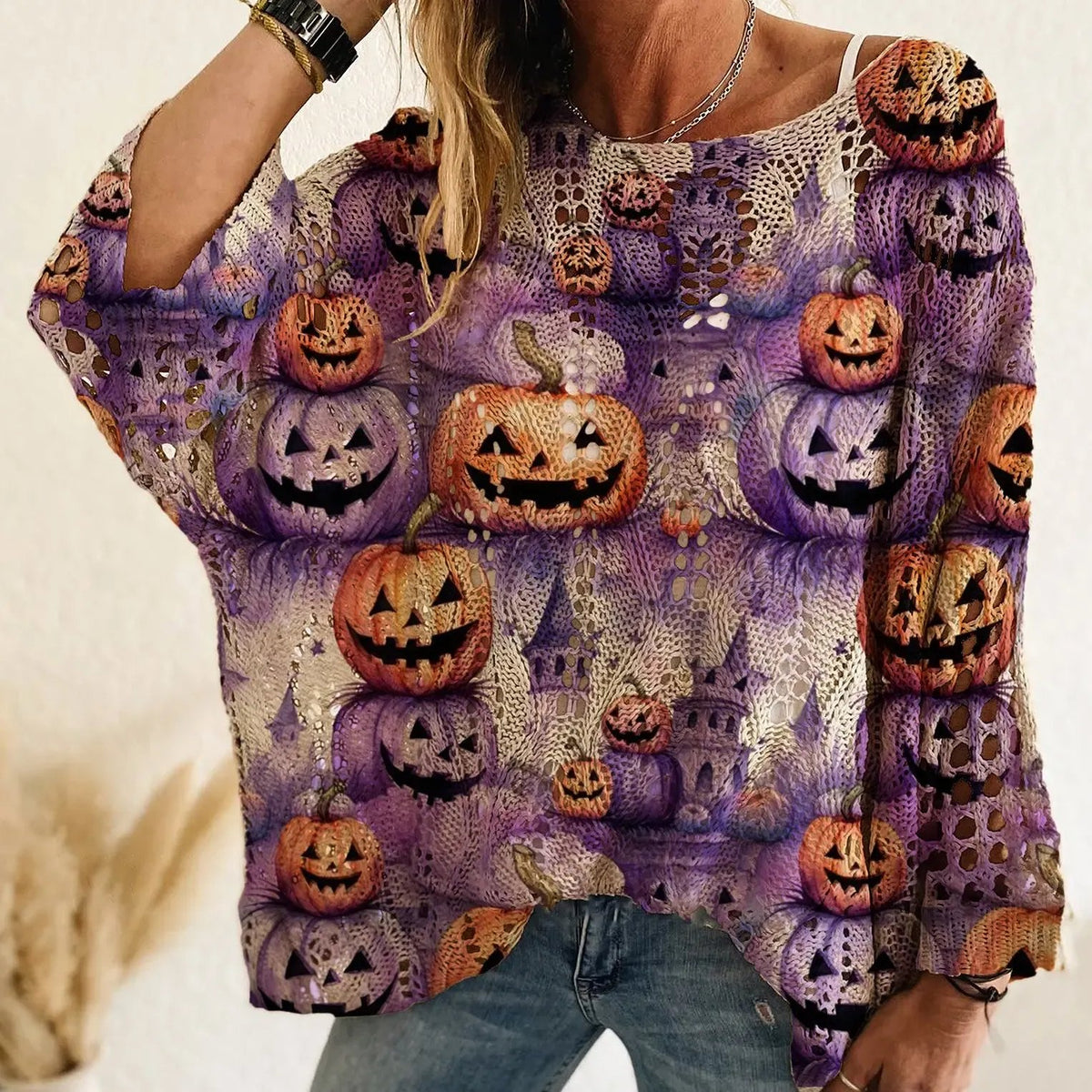 Halloween Themed Knit Pullover, Long Sleeve Soft Casual Fall Sweater for Women
