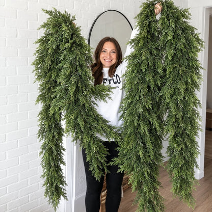 🎄Real Touch Artificial Cedar Garland | Lifelike Winter Pine Greenery for Christmas Mantle, Table & Wall Decor
