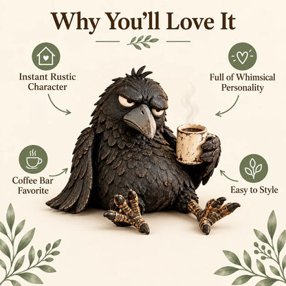 🔥Rustic Vintage Raven Figurine with Coffee Mug – Grumpy Crow Farmhouse Tabletop Decor