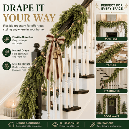 🎄Real Touch Artificial Cedar Garland | Lifelike Winter Pine Greenery for Christmas Mantle, Table & Wall Decor