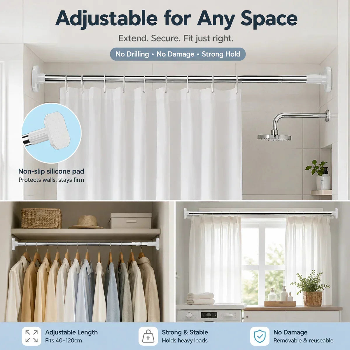 ✨Drill-Free Adjustable Tension Rod, No Damage Wall Mount