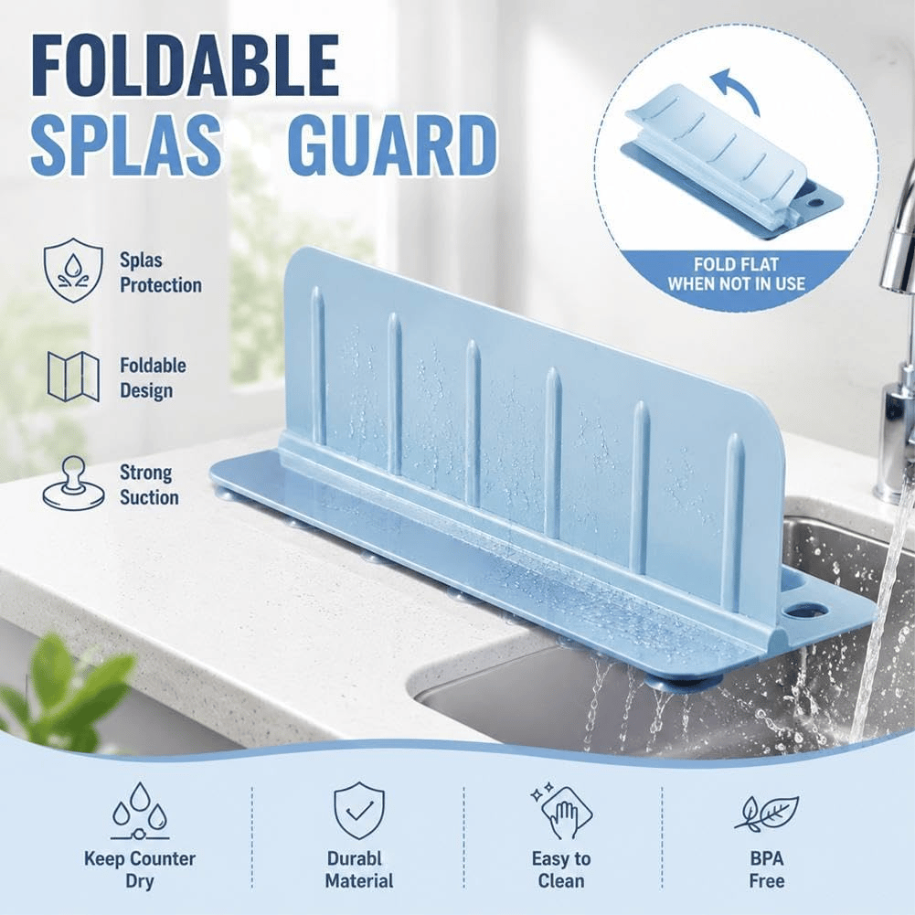 Foldable Kitchen Sink Splash Guard, ABS+TPE Water Splash Blocker with Suction Cups & Drainage Holes, Sponge Holder Design for Sink Edge