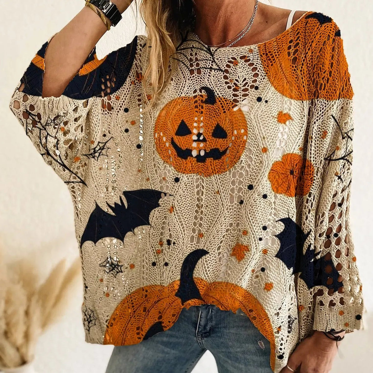 Halloween Themed Knit Pullover, Long Sleeve Soft Casual Fall Sweater for Women