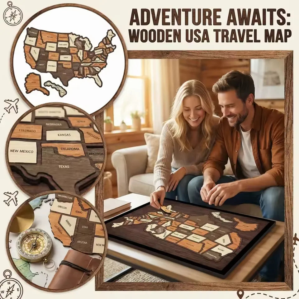 🔥LAST DAY 50% OFF - 🔥USA Wooden Travel Map Puzzle for Adventure Lovers 🔥