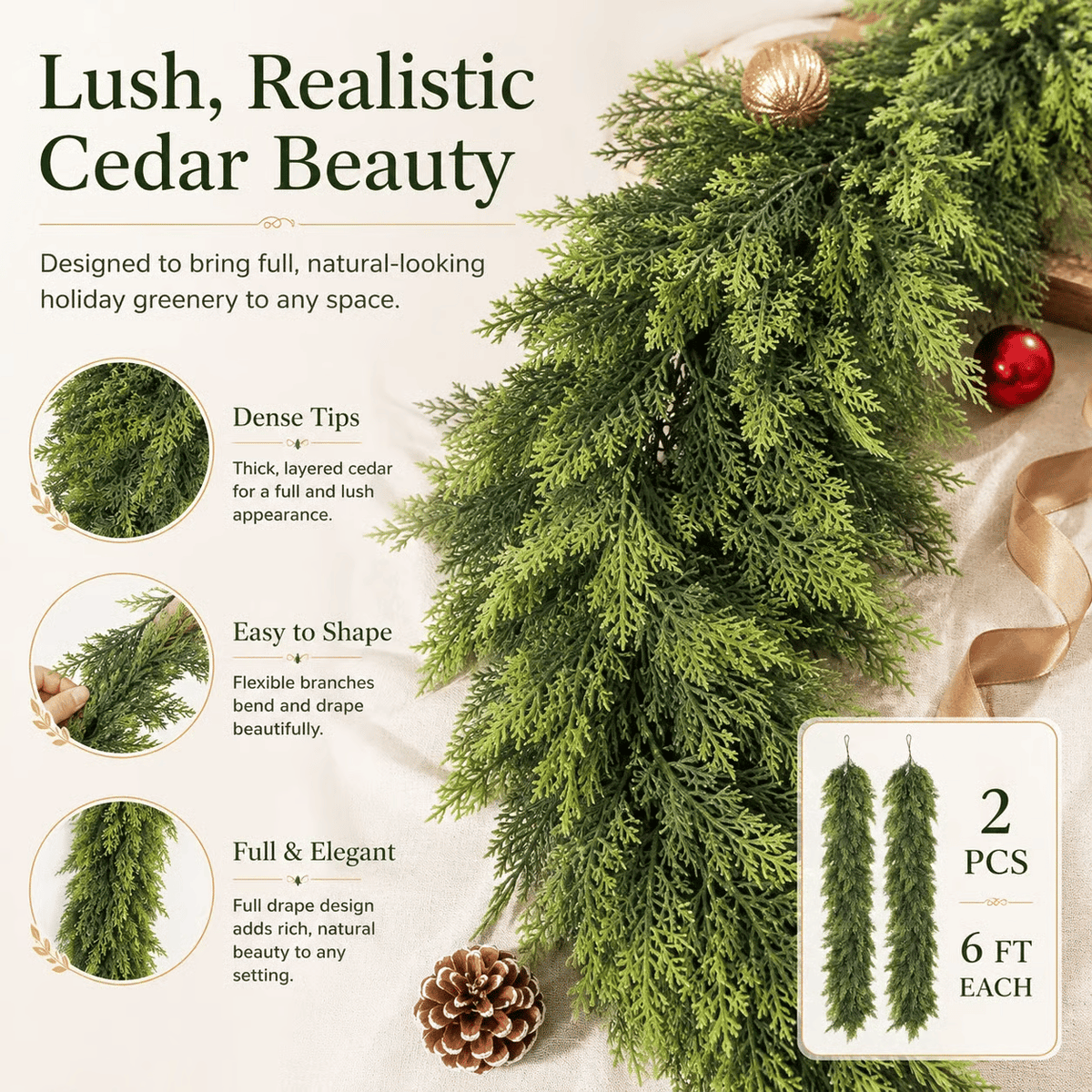 🎄Real Touch Artificial Cedar Garland | Lifelike Winter Pine Greenery for Christmas Mantle, Table & Wall Decor