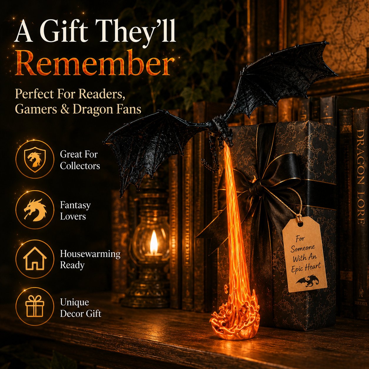 🔥Last Day 50% OFF - 🐉Light-Up Dragon Fire Bookshelf Lamp