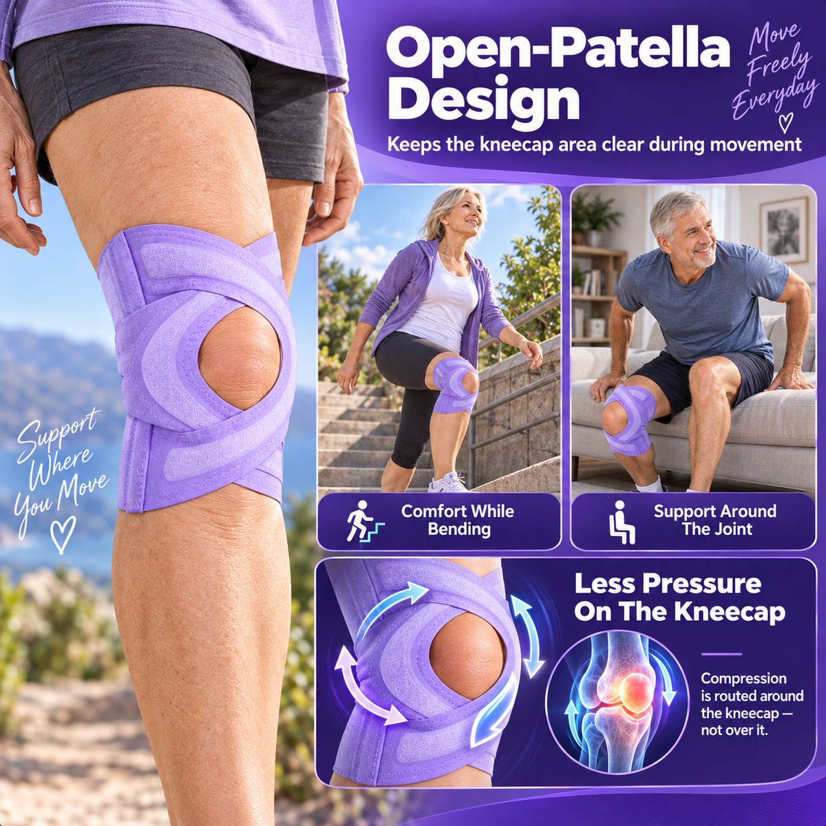 Open-Patella Adjustable Knee Support Wrap