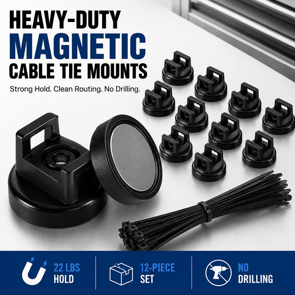 🔥HOT SALE🔥🧲 12 Pack Heavy Duty Magnetic Zip Tie Mounts for Cable Management