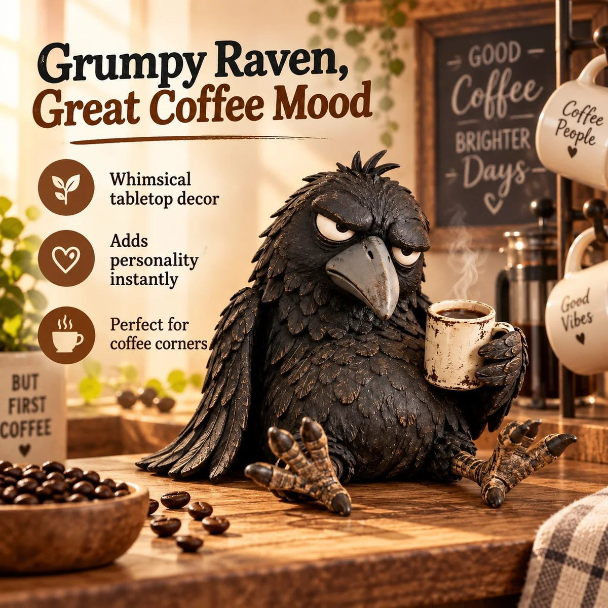 🔥Rustic Vintage Raven Figurine with Coffee Mug – Grumpy Crow Farmhouse Tabletop Decor