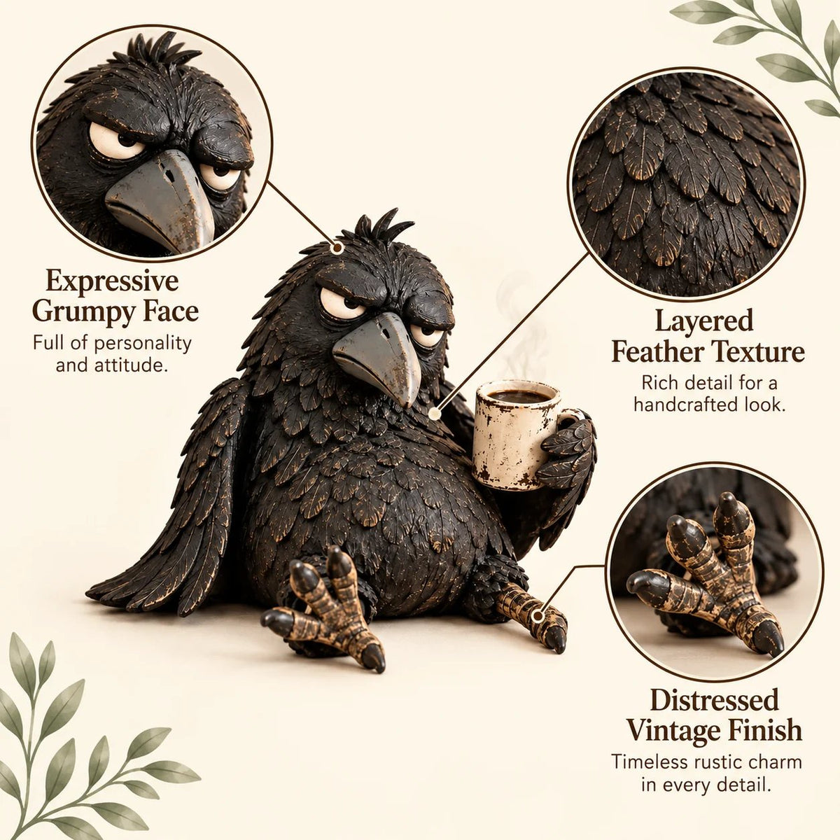 🔥Rustic Vintage Raven Figurine with Coffee Mug – Grumpy Crow Farmhouse Tabletop Decor