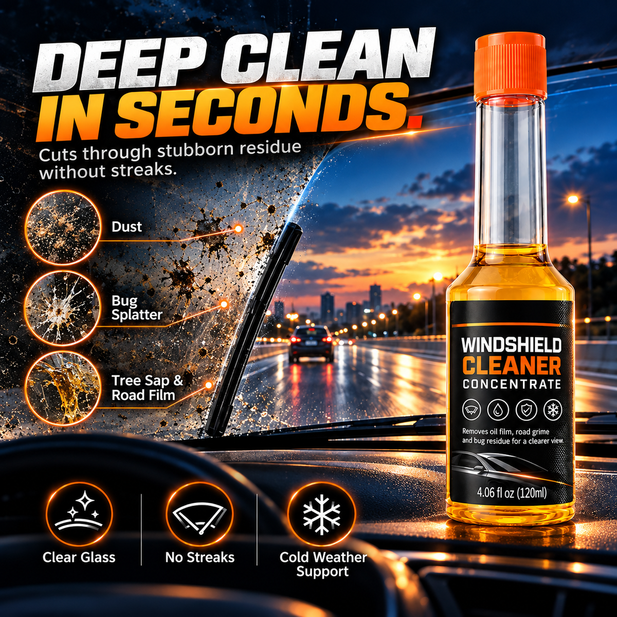 ✨Concentrated Windshield Washer Fluid – Oil Film & Bug Residue Cleaner, 120ml🌧️