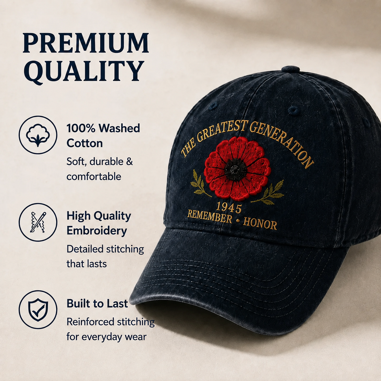 🎁 The Greatest Generation 1945 Memorial Poppy Cap – Remember & Honor