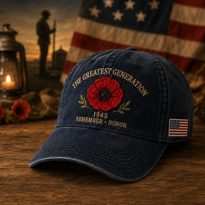 🎁 The Greatest Generation 1945 Memorial Poppy Cap – Remember & Honor