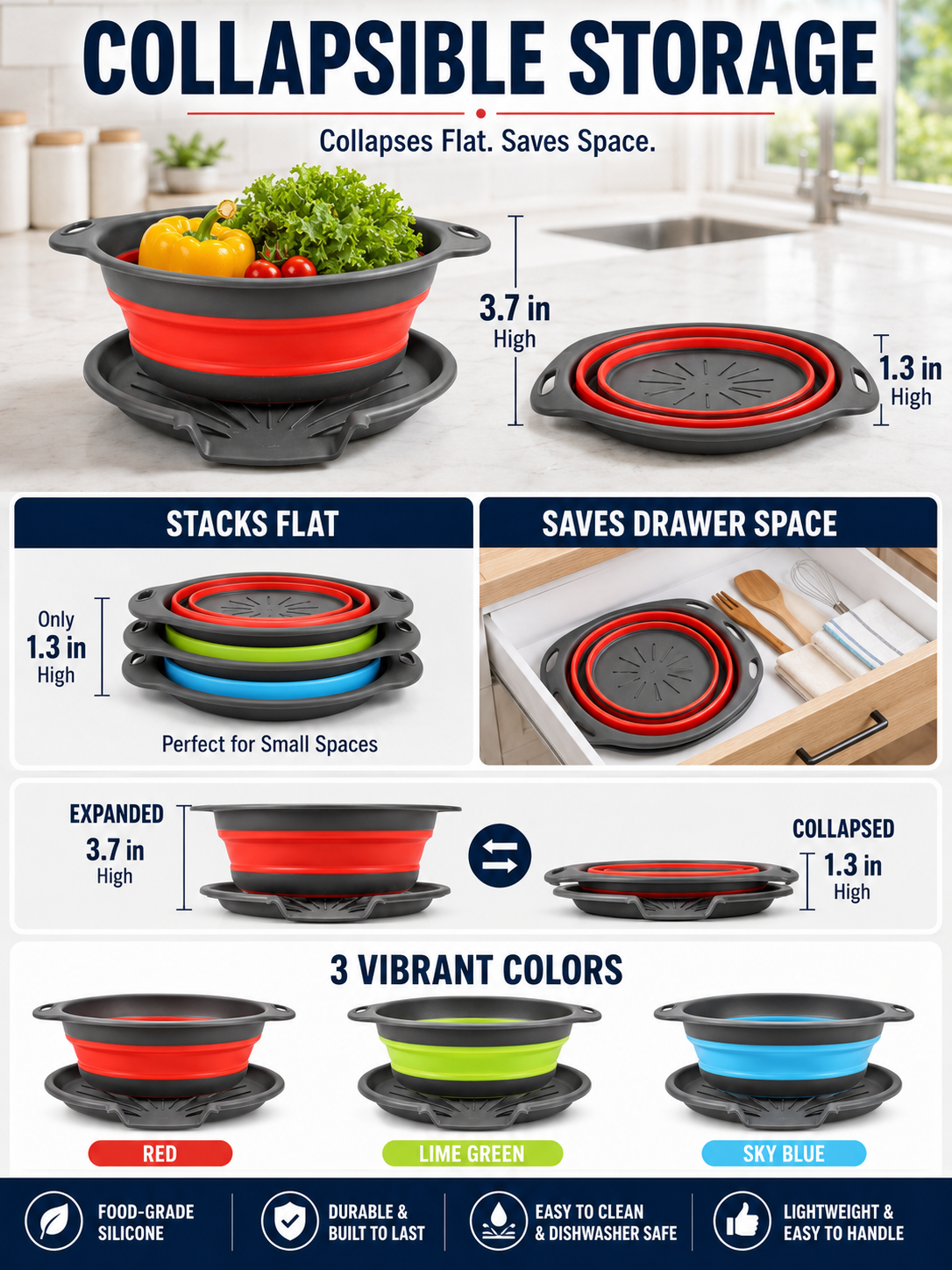 🥗💧Kitchen Colander Set ✨ Space-Saving Collapsible Strainers with Over-Sink Self-Draining Design for Easy Meal Prep
