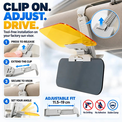 🌞🚗 2-in-1 Day & Night Anti-Glare Car Visor Extender – Reduce Sun Glare & Harsh Headlights, Height-Adjustable Mount & Independent Flip-Down Lenses 🛡