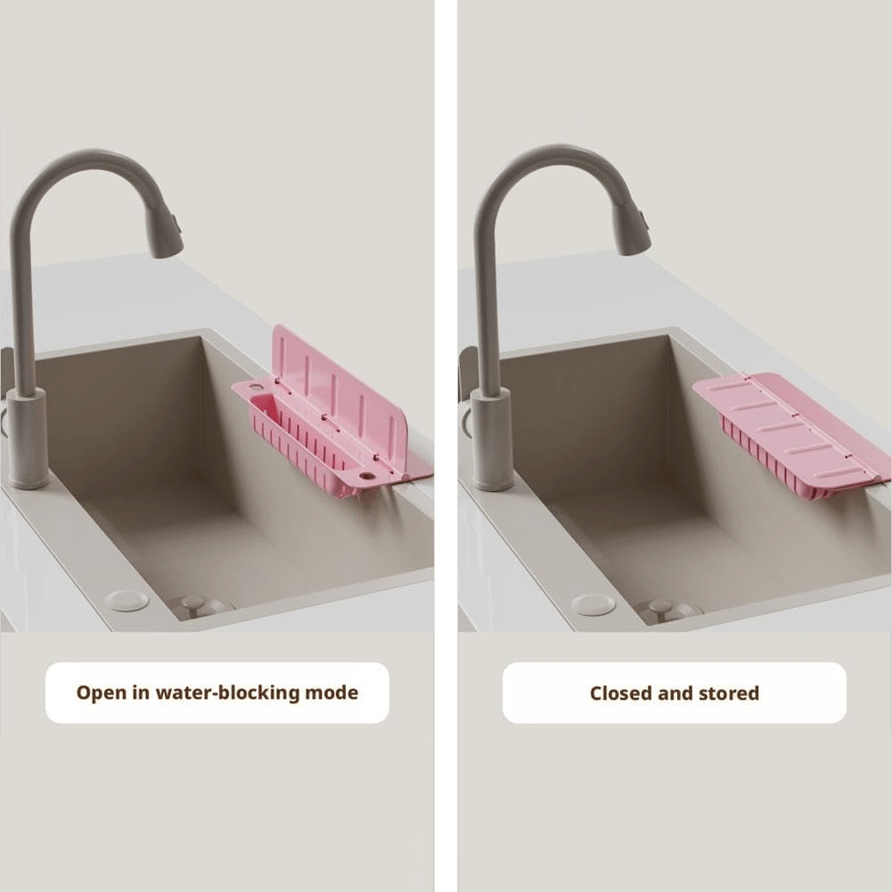 Foldable Kitchen Sink Splash Guard, ABS+TPE Water Splash Blocker with Suction Cups & Drainage Holes, Sponge Holder Design for Sink Edge