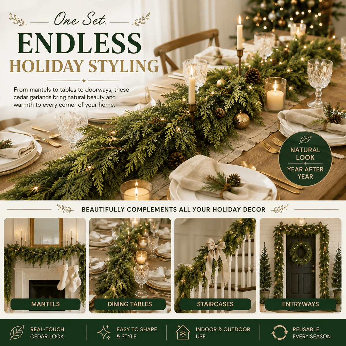 🎄Real Touch Artificial Cedar Garland | Lifelike Winter Pine Greenery for Christmas Mantle, Table & Wall Decor