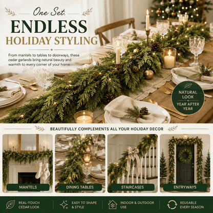 🎄Real Touch Artificial Cedar Garland | Lifelike Winter Pine Greenery for Christmas Mantle, Table & Wall Decor