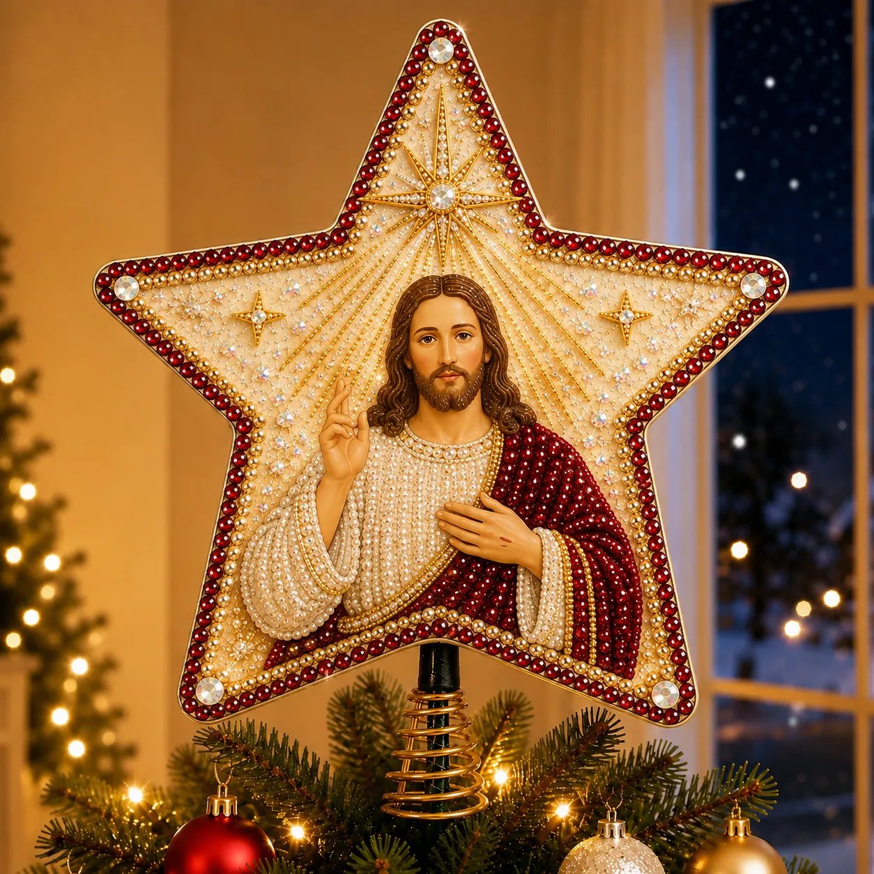 ✝️ Beginner-Friendly Christian Faith Pearl Diamond Art Christmas Tree Topper DIY Kit | Complete Set with Printed Base, Pearl & Crystal Pieces, Application Tools & Step-by-Step Guide Included 💕