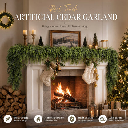 🎄Real Touch Artificial Cedar Garland | Lifelike Winter Pine Greenery for Christmas Mantle, Table & Wall Decor