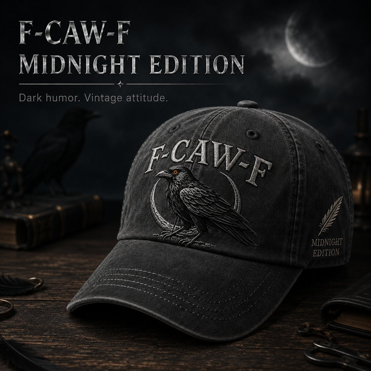 F-CAW-F Midnight Edition Raven Cap – Vintage Washed Embroidered Crow Hat