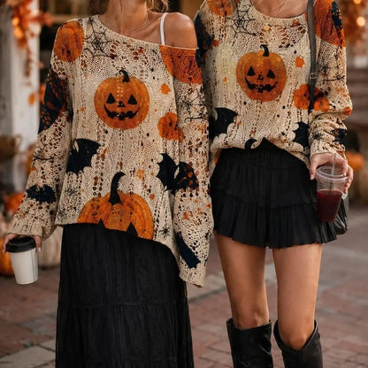 Halloween Themed Knit Pullover, Long Sleeve Soft Casual Fall Sweater for Women