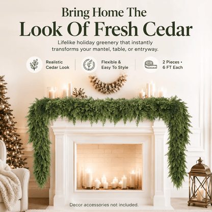🎄Real Touch Artificial Cedar Garland | Lifelike Winter Pine Greenery for Christmas Mantle, Table & Wall Decor
