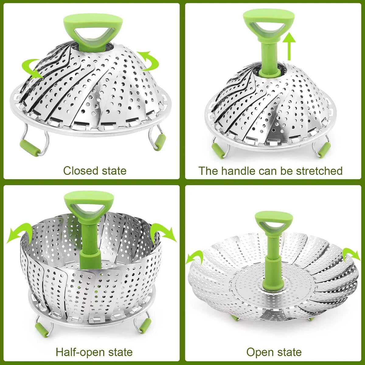 Vegetable Steamer Basket for Cooking Food,Folding Expandable Steaming Insert with Extendable Handle Fits Various Size Pot