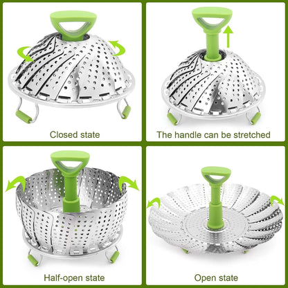 Vegetable Steamer Basket for Cooking Food,Folding Expandable Steaming Insert with Extendable Handle Fits Various Size Pot