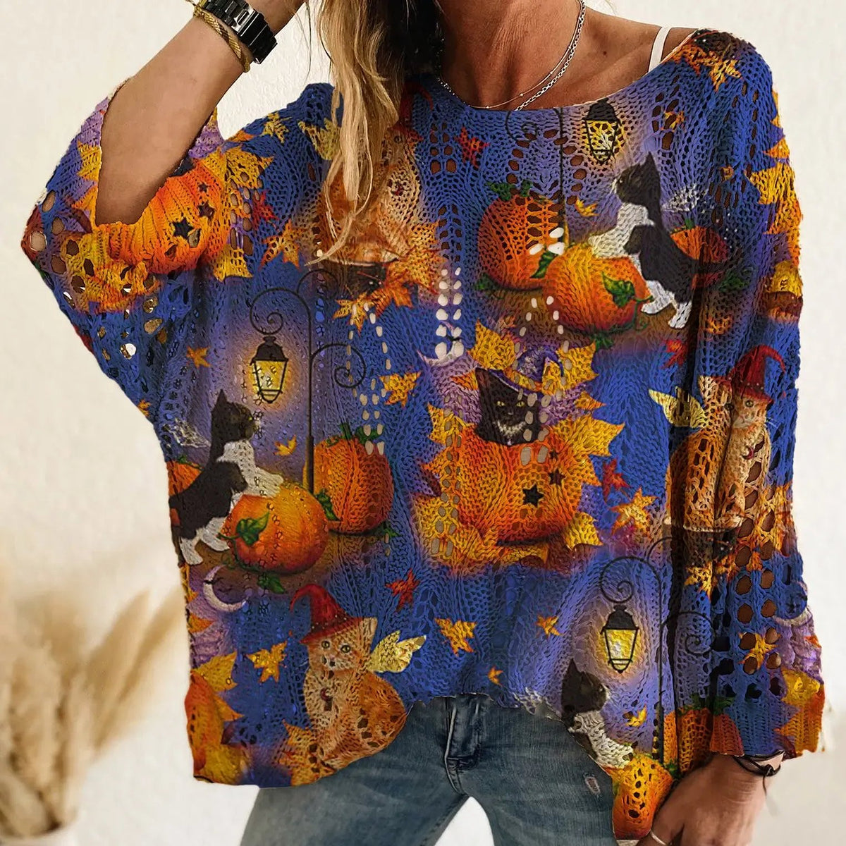 Halloween Themed Knit Pullover, Long Sleeve Soft Casual Fall Sweater for Women