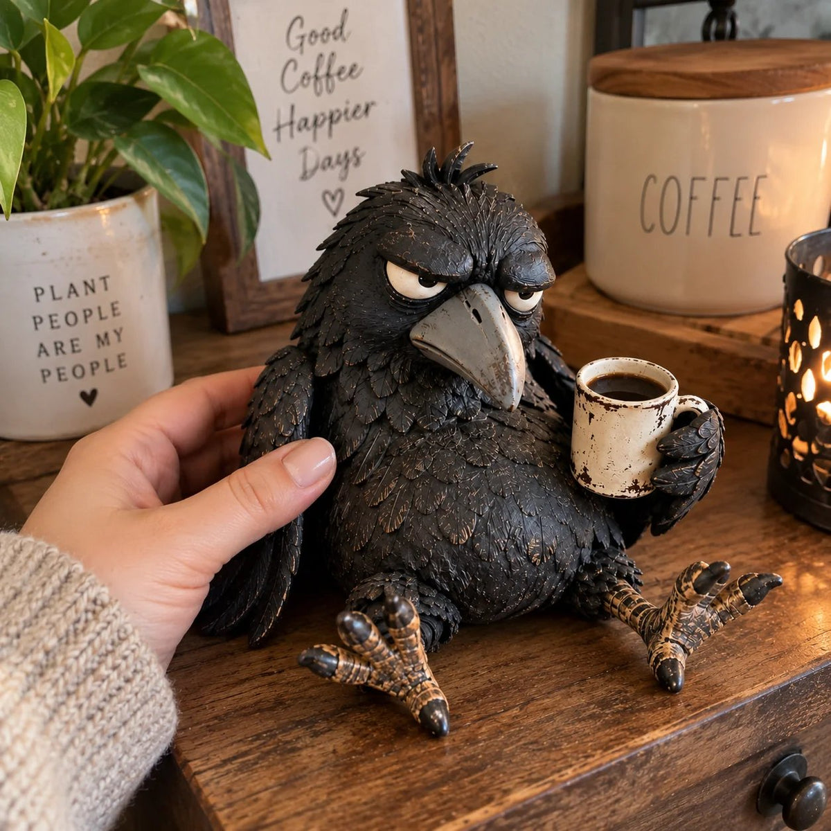 🔥Rustic Vintage Raven Figurine with Coffee Mug – Grumpy Crow Farmhouse Tabletop Decor