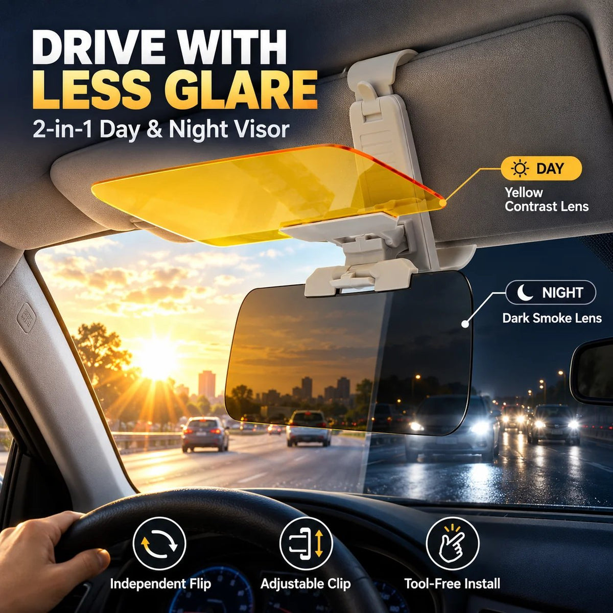 🌞🚗 2-in-1 Day & Night Anti-Glare Car Visor Extender – Reduce Sun Glare & Harsh Headlights, Height-Adjustable Mount & Independent Flip-Down Lenses 🛡