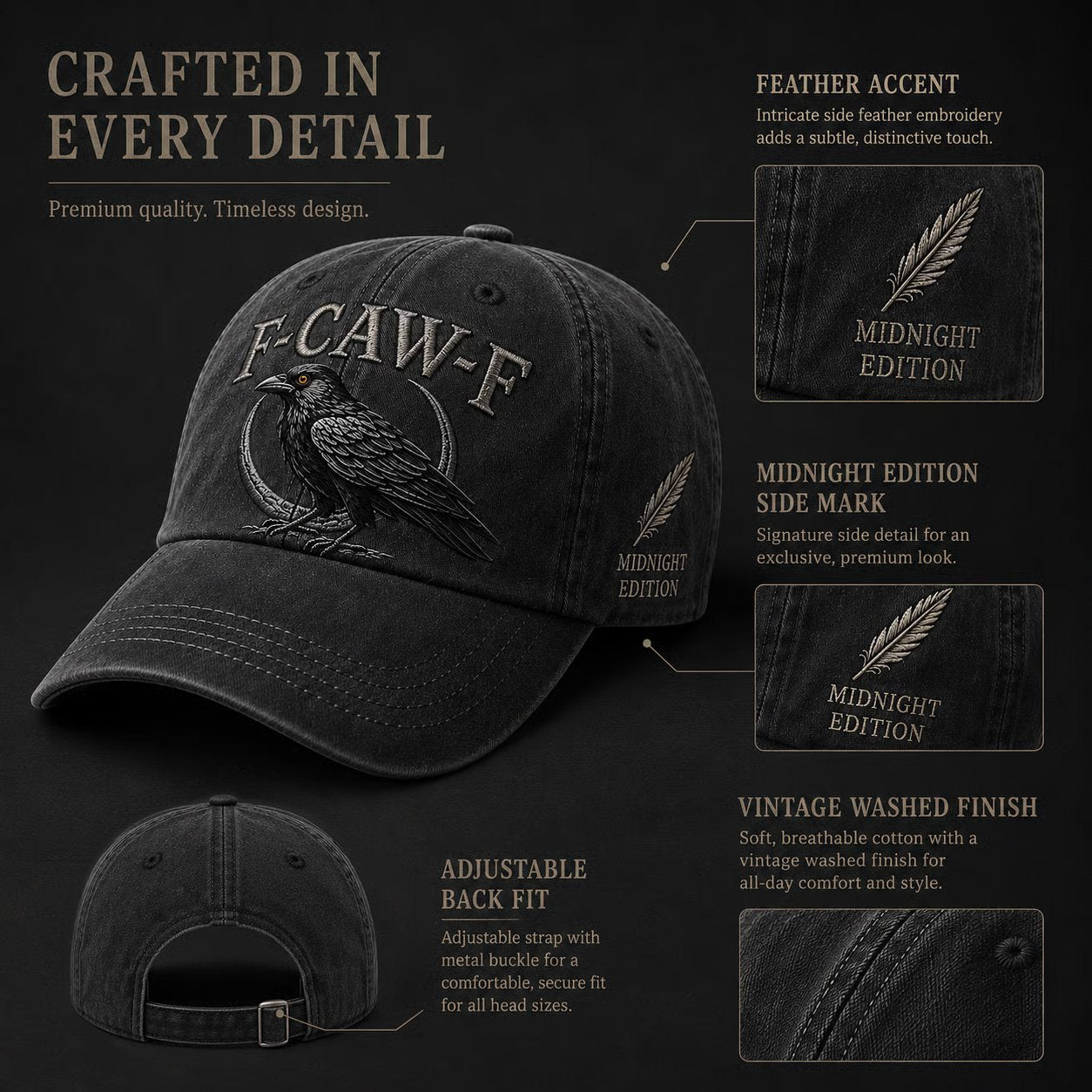 F-CAW-F Midnight Edition Raven Cap – Vintage Washed Embroidered Crow Hat