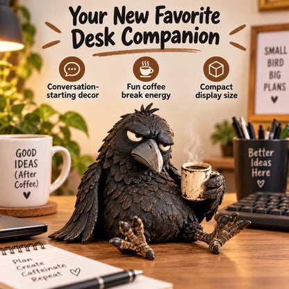 🔥Rustic Vintage Raven Figurine with Coffee Mug – Grumpy Crow Farmhouse Tabletop Decor