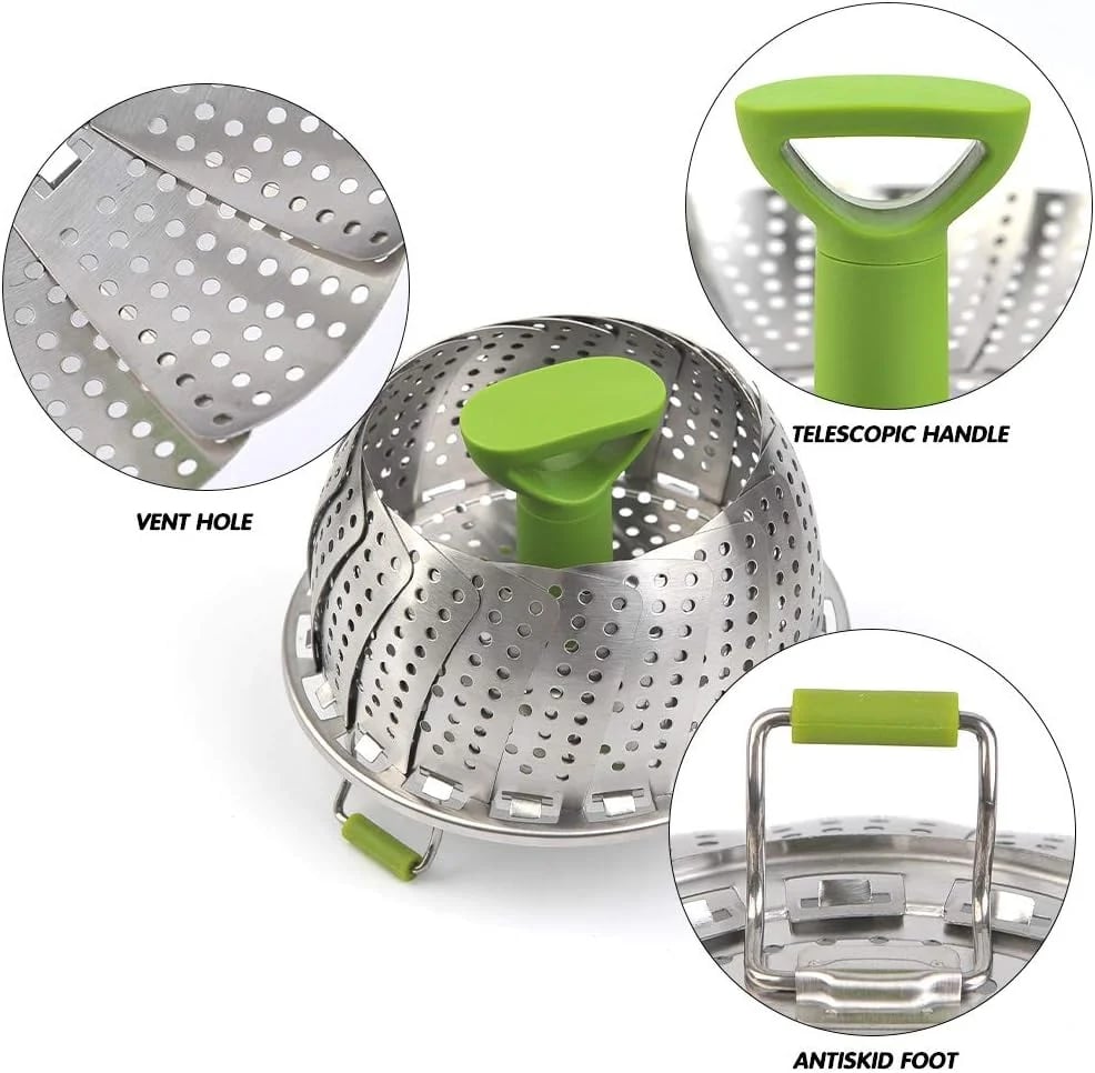 Vegetable Steamer Basket for Cooking Food,Folding Expandable Steaming Insert with Extendable Handle Fits Various Size Pot