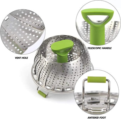 Vegetable Steamer Basket for Cooking Food,Folding Expandable Steaming Insert with Extendable Handle Fits Various Size Pot